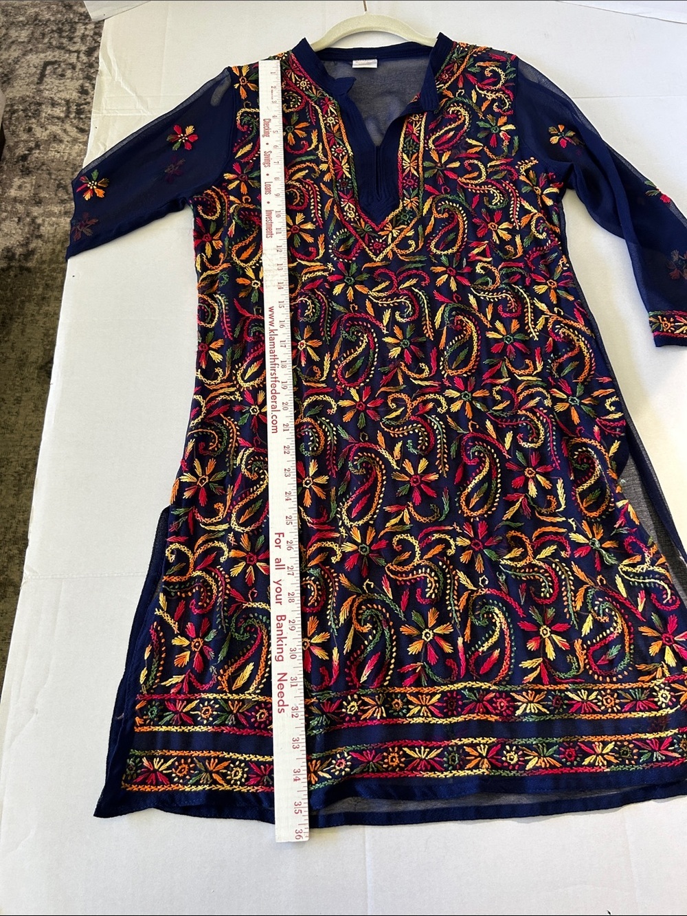 ROYAL MOTA SHEER NAVY BLUE TUNIC IS ADORNED WITH FLORAL & EMBROIDERED SZ 40 - Picture 11 of 12